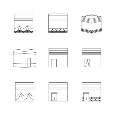 İslami Kabe karalama çizgisi işaret simgesi koleksiyonu. Taslak tarzı. izole resim