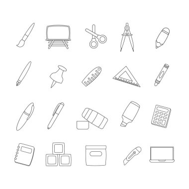 Ofis araçları çizgi simge simgesi koleksiyonu karalama. Taslak tarzı. izole resim