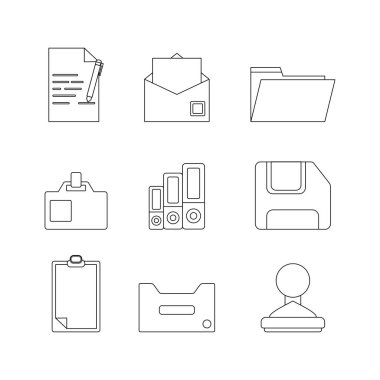 Ofis ekipmanları karalama çizgisi işaret simgesi koleksiyonu. Taslak tarzı. izole resim