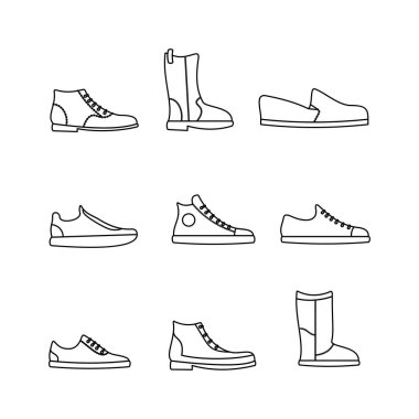 Ayakkabı çizgisi ikonu koleksiyonu. Taslak tarzı. izole resim
