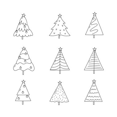 Noel ağacı ikonu koleksiyonu. Taslak biçim ögeleri. izole resim