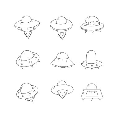 Uzay gemisi UFO çizgi simgesi koleksiyonu. Taslak tarzı. izole resim