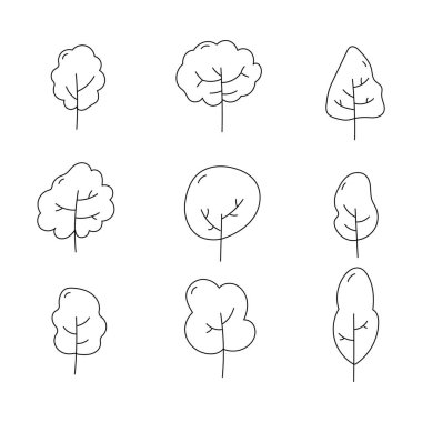 Ağaç çizgisi simgeleri koleksiyonu. Taslak biçim ögeleri. izole resim