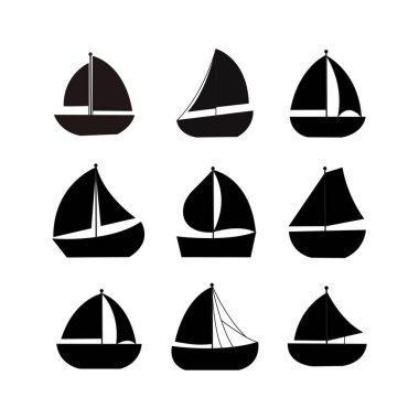 Yelkenli silueti ikon koleksiyonu. Düz stil elementler karikatür izole illüstrasyon