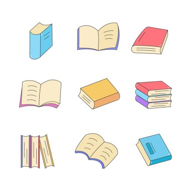 Okul kitapları ikon koleksiyonu. Düz stil elementler karikatür izole illüstrasyon