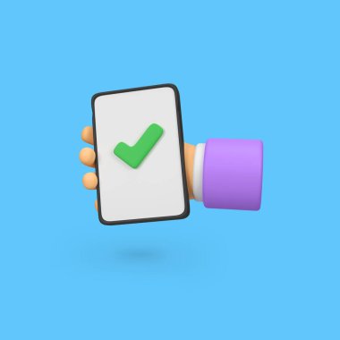 Kontrol listesi ile el ele tutuşan akıllı telefon izole edilmiş 3d görüntü simgesi illüstrasyonu