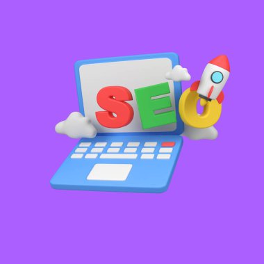 İzole edilmiş 3d resim resimleme pazarlaması için dizüstü bilgisayar ve roket ile SEO optimizasyonu