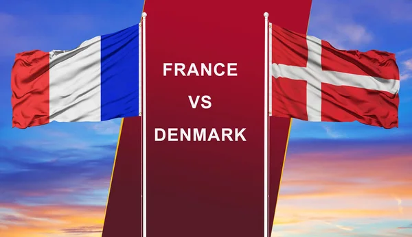 Франция Против Дании Два Флага Флагштоках Голубое Облачное Небо Заднем — стоковое фото