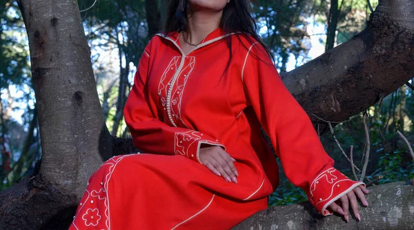 Modelo Marroquí Con Una Djellaba Roja Sentada Árbol — Foto de Stock