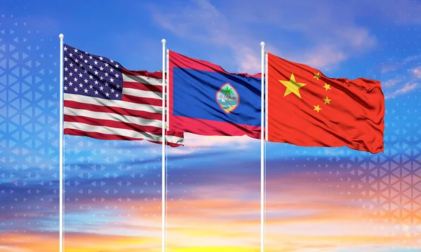 Three realistic flags of China, United States and guam on flagpoles and blue sk