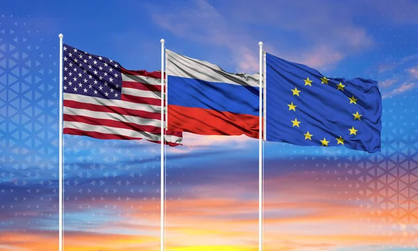 Флаги Европейского Союза Сша России Флагштоках Голубом Небе — стоковое фото