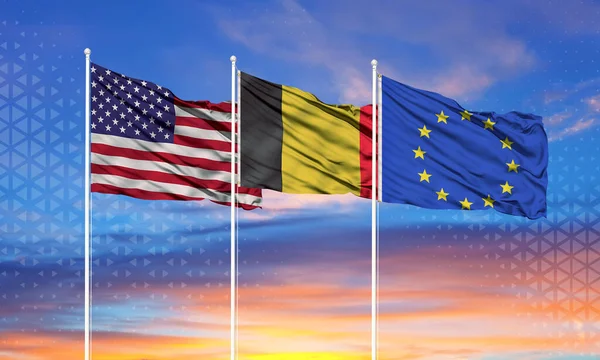 Bandiere Dell Unione Europea Degli Stati Uniti Del Belgio Sui — Foto Stock