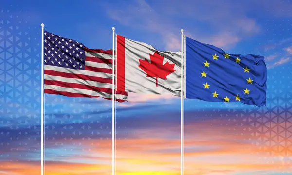 Banderas Unión Europea Estados Unidos Canadá Sobre Asta Bandera Cielo Imagen De Stock