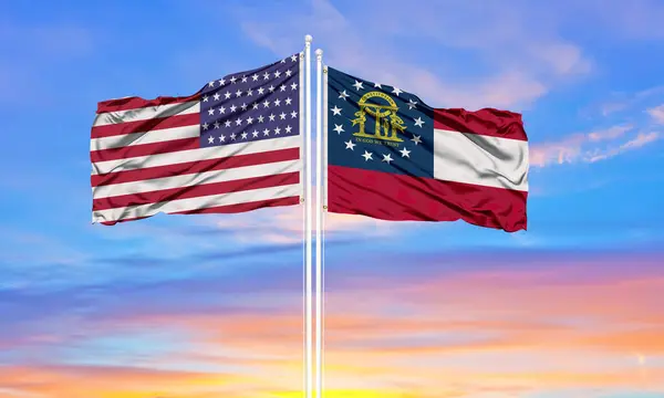 Verenigde Staten Georgië Twee Vlaggen Vlaggenmasten Blauwe — Stockfoto
