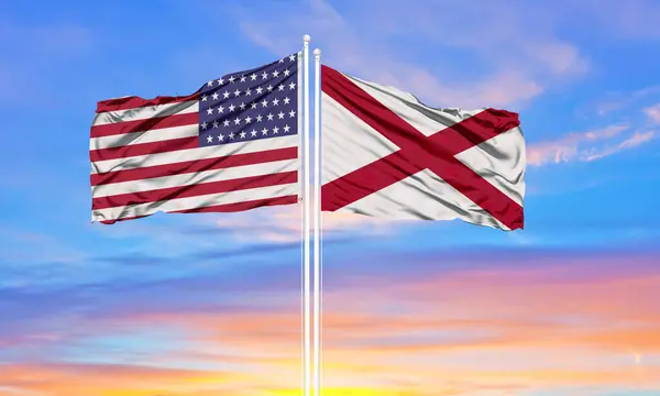United States Alabama Two Flags Flagpoles Blue — Stock Photo, Image