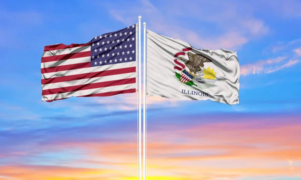 United States and Illinois two flags on flagpoles and blue sk