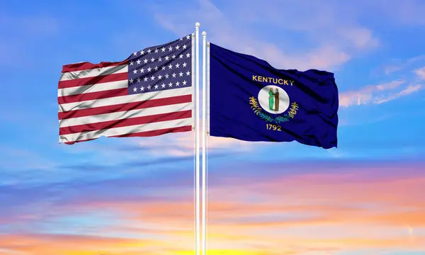 United States Kentucky Two Flags Flagpoles Blue — Stock Photo, Image