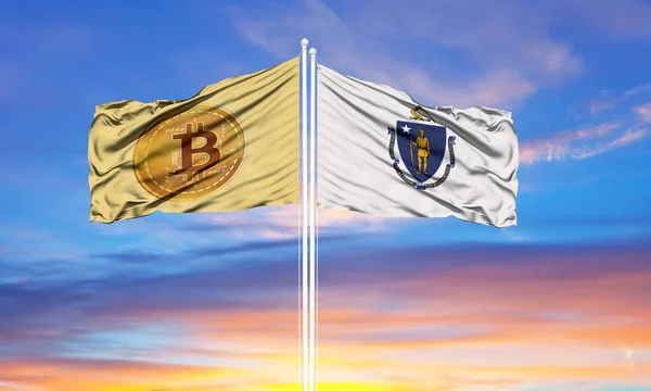 stock image Bitcoin and Massachusetts two flags on flagpoles and blue sk