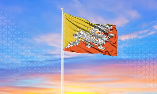 Bela Bandeira Butão Acenando Vento Com Fundo Céu — Fotografia de Stock
