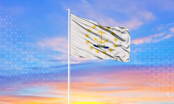Flagge Von Rhode Island Bei Bewölktem Himmel Sonnenuntergang Patriotisches Konzept — Stockfoto