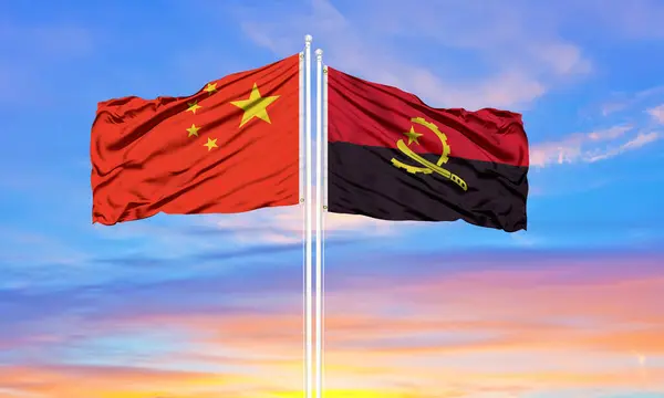 Flag China Angola Waving Wind White Cloudy Blue Sky Together — Stock Photo, Image