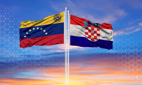 Venezuela Croacia Dos Banderas Sobre Asta Bandera Cielo Azul — Foto de Stock