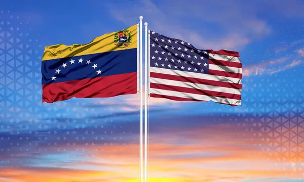 Venezuela Estados Unidos Dos Banderas Asta Bandera Cielo Azul — Foto de Stock