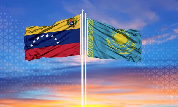 Kazajstán Venezuela Dos Banderas Asta Bandera Cielo Azul — Foto de Stock