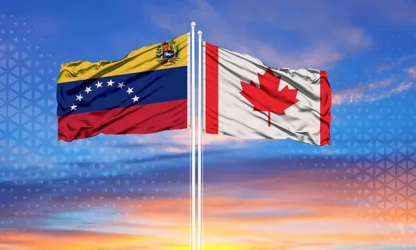 Venezuela Canadá Dos Banderas Asta Bandera Cielo Azul Nublado Concepto — Foto de Stock