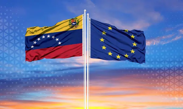 Venezuela European Union Two Flags Flagpoles Blue Cloudy Sky Diplomacy — Stock Photo, Image