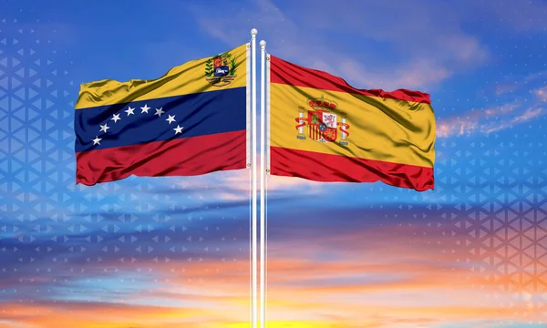 Venezuela España Dos Banderas Asta Bandera Cielo Azul Nublado Concepto — Foto de Stock