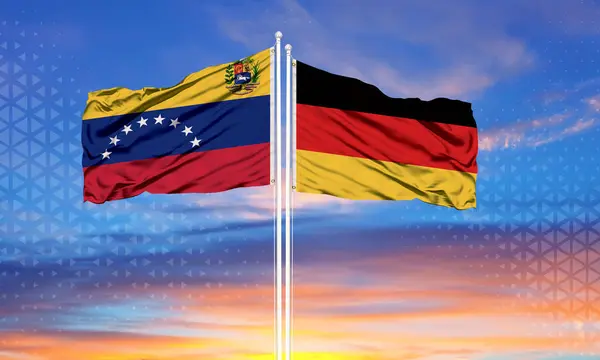 Venezuela Alemania Dos Banderas Asta Bandera Cielo Azul Nublado Concepto — Foto de Stock