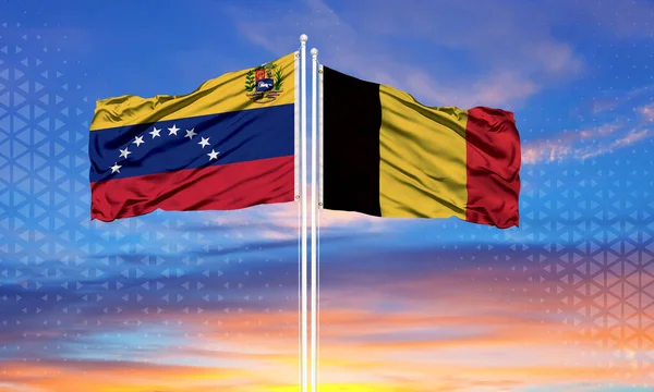 Venezuela Bélgica Dos Banderas Asta Bandera Cielo Azul Nublado Concepto — Foto de Stock