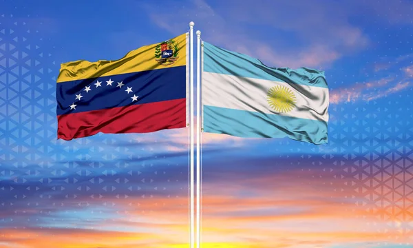 Venezuela Argentina Dos Banderas Asta Bandera Cielo Azul Nublado Concepto — Foto de Stock