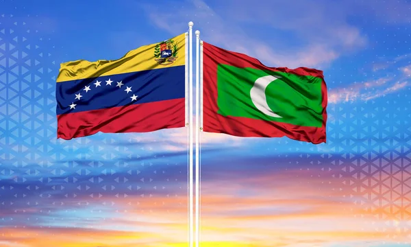 Venezuela Maldives Two Flags Flagpoles Blue Cloudy Sky Diplomacy Concept — Stock Photo, Image