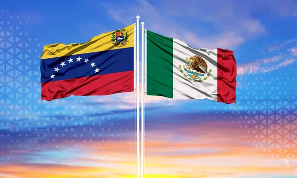 Venezuela Mexikó Két Zászlót Zászlórúdra Kék Felhős Égre Diplomáciai Koncepció — Stock Fotó