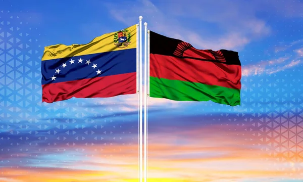 Venezuela Malawi Dos Banderas Asta Bandera Cielo Azul Nublado Concepto — Foto de Stock