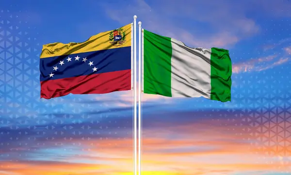 Venezuela Nigeria Two Flags Flagpoles Blue Cloudy Sky Diplomacy Concept — Stock Photo, Image