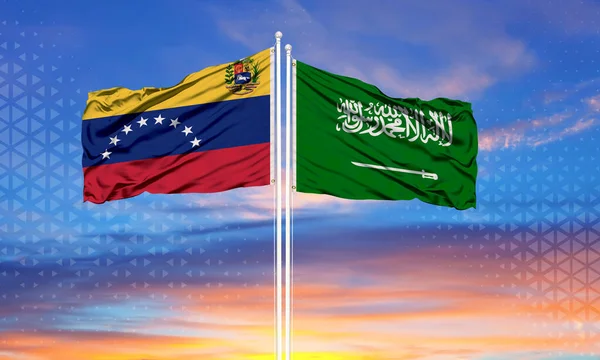 Venezuela Arabia Saudita Dos Banderas Asta Bandera Cielo Azul Nublado — Foto de Stock
