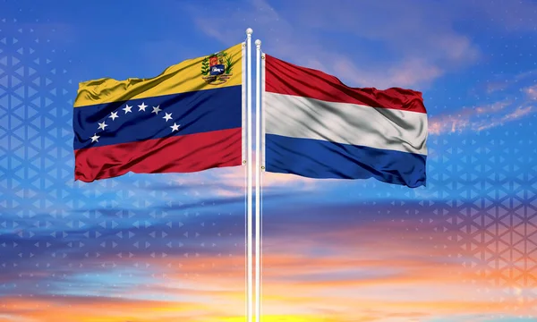 Venezuela Netherlands Two Flags Flagpoles Blue Cloudy Sky Diplomacy Concept — Stock Photo, Image