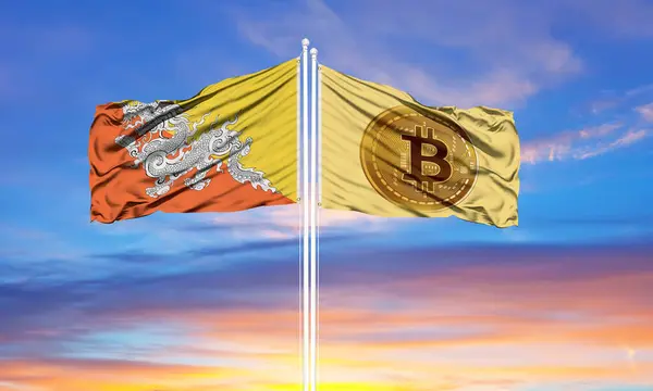 Bitcoin Και Μπουτάν Δύο Σημαίες Κοντάρια Και Μπλε Φωτογραφία Αρχείου