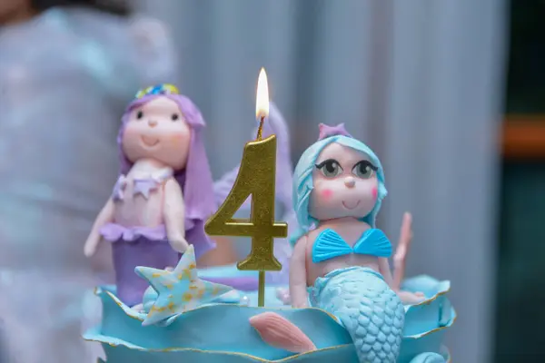 stock image Girly birthday cake. With mermaid theme with number four on top