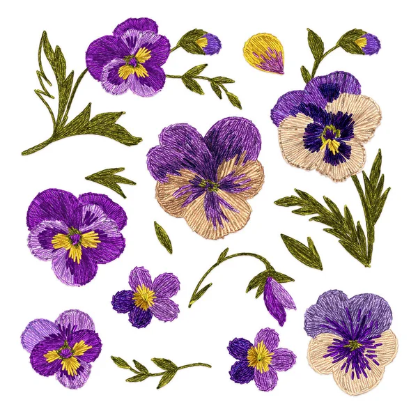 Set of compositions of flowers in embroidery style. Handmade textile floral composition for greeting cards, invitations, notebooks, and others. Violets