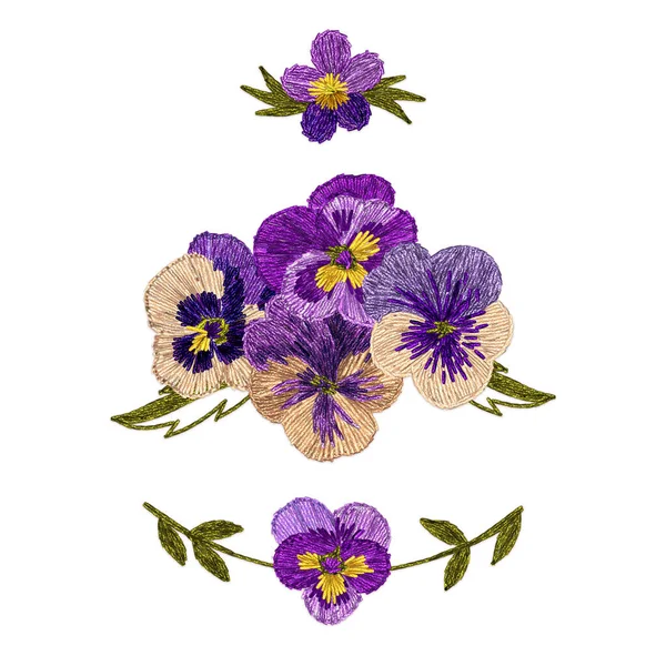 一套绣花风格的花组成 用于贺卡 邀请函 笔记本等手工制作的纺织品花卉构图 紫罗兰 — 图库照片#