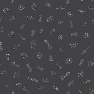 Zaman serbest çizimler seamless modeli. Saatler desen doodle tarzı. Elle çizilmiş öğeleri doodles ambalaj arka plan duvar kağıtları için tasarım. Vektör çizim. Kum saati, saat, kronometre.