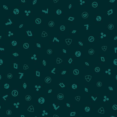 Cryptocurrency seamless pattern. Crypto currency background. Bitcoin Ethereum Ethereum classic, Dash, Litecoin, Monero, Nem Ripple Zcash. Vector illustration.