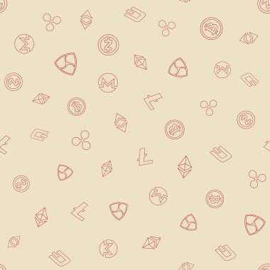 Cryptocurrency seamless pattern. Crypto currency background. Bitcoin Ethereum Ethereum classic, Dash, Litecoin, Monero, Nem Ripple Zcash. Vector illustration.