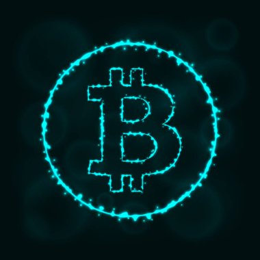 Bitcoin vektör simgesi. Web sitesi tasarımı, internet, grafik arayüzü, iş Bitcoin simgesi. Bitcoin illüstrasyon işareti, koyu arka plan üzerinde ışıklar siluet. Bitcoin parlak çizgiler ve Puan.