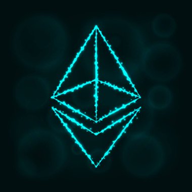 Ethereum vektör simgesi. Web sitesi tasarımı, internet, grafik arayüzü, iş Ethereum simgesi. Ethereum illüstrasyon, koyu arka plan üzerinde ışıklar siluet. Ethereum parlak çizgiler ve Puan.