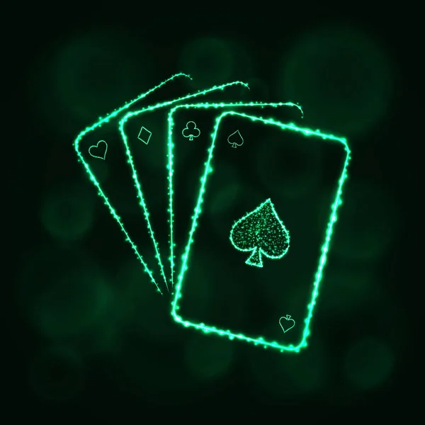 ゲームカードのアイコン 暗い背景に4枚のトランプ カジノのシンボルライトシルエットデザイン ベクトルイラスト 線と点を拡大する — ストックベクタ